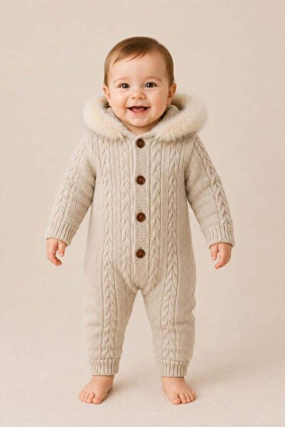 Cantoy Soft Textured Hooded Cream Baby Knitwear Jumpsuit