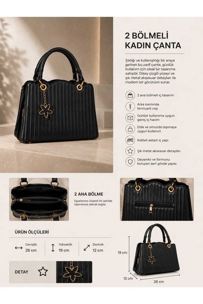 zemihra Elegant Striped Soft Textured Black Fully Lined Faux Leather Gold Detailed Two-Compartment Hand and Shoulder Bag