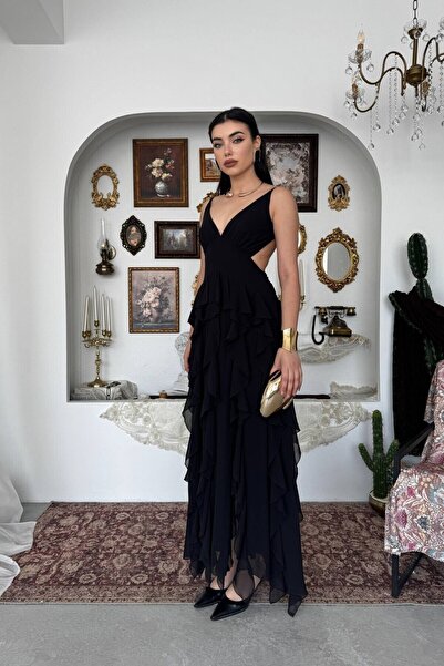 Caddebostan Moda Strappy Backless Ruffled Chiffon Midi Dress Stylish Evening ...