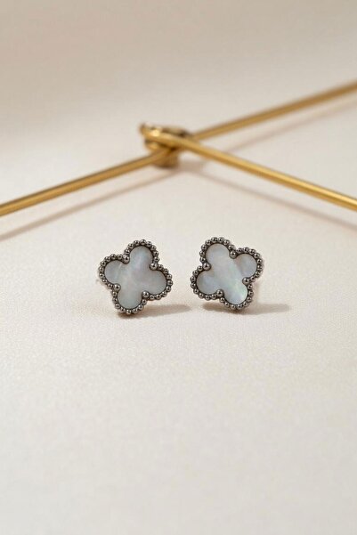 RMY MODA Women's Ecru Clover Figured Silver Edged Earrings