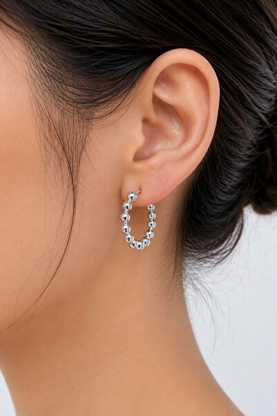 Balenbi Women's Tarnish-Resistant Steel Silver Color Bead Detailed Hoop Earri...