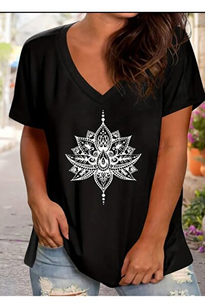 JENOLAN Ženska V-izrez Štampano crna/bela široka Oversize kroj T-shirt