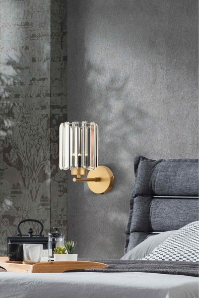 AKSU Şık Kristal Taşlı Modern Duvar Aplik, Eskitme Gold Gövde, Elektrikli Kul...