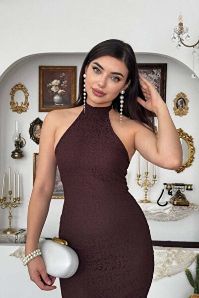 CKM MODA فستان ميدي برباط حول الرقبة من جينيل باللون البني