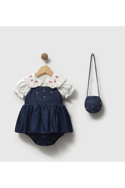 Momercy Baby Girl Denim Romper Jumpsuit Cherry Shirt Bag 3-Piece Set