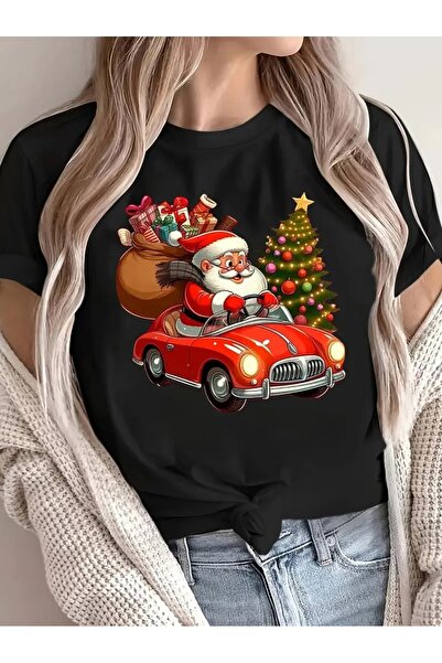 JENOLAN Ženska majica sa printom Deda Mraza i automobila za Novu godinu, širo...