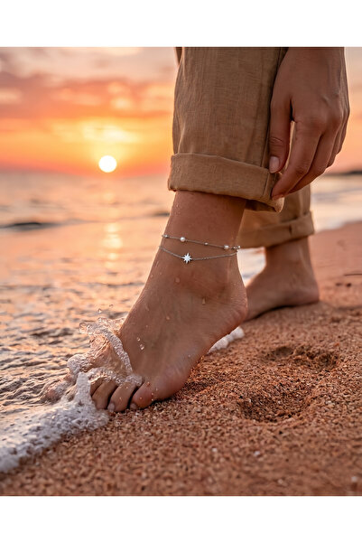 Eva Takı Store Star Figured Pearl Anklet with Silver Color Anklet Chain