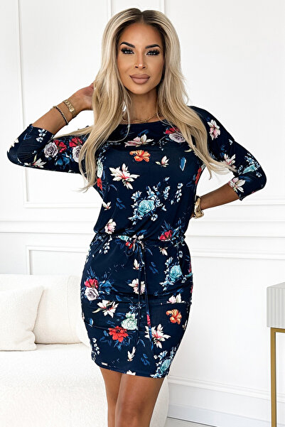 OEM Rochie sportivă - FLORI COLORATE pe fond albastru marin Casual Marimi Mari