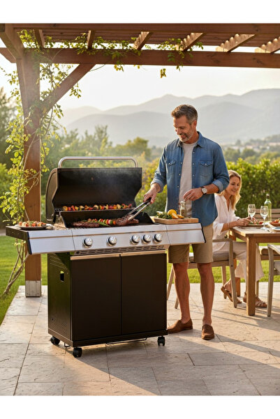 Padilon Gazlı Barbekü Mangal 4+1 Brülörlü Döküm Izgaralı 136x54x115 cm
