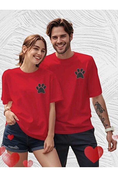 JENOLAN 2-Piece Couple Combination Cute Paw Print T-Shirt Unisex Loose Oversi...
