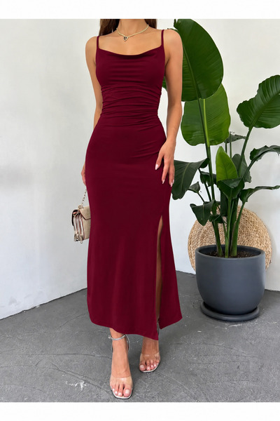 LB Laluna Butik Kadın İnce Askılı Yandan Yırtmaçlı Uzun Elbise Dökümlü Kumaş
