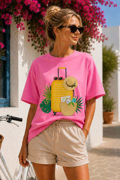 ArtYus Summer Vacation Suitcase Printed Crew Neck Unisex Oversize T-Shirt – H...