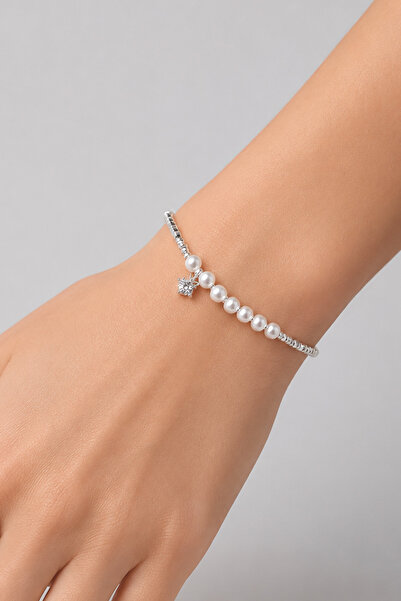 TREND COLLECTİON Pearl Detailed Silver Color Women's Bracelet with Zircon Sto...