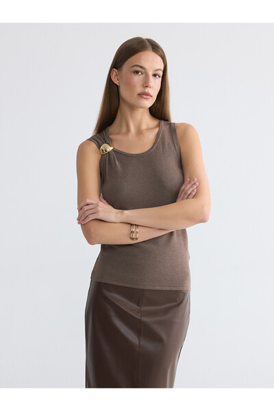 LC Waikiki Lcw Everyday Brown Crew Neck Gathered Women's Knitwear Undershirt