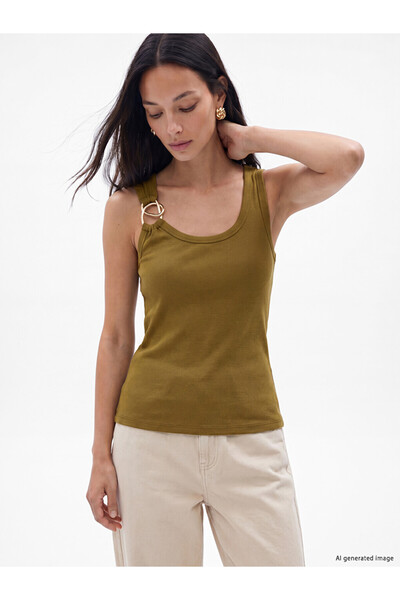 LC Waikiki Lcw Everyday Green U-Neck Women's Tank Top with Metal Appliqué