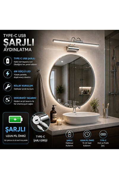 neeko Flüt Aplik / 50CM / Şarjlı LED Aplik / Type-C USB Kablosuz Duvar Lambas...