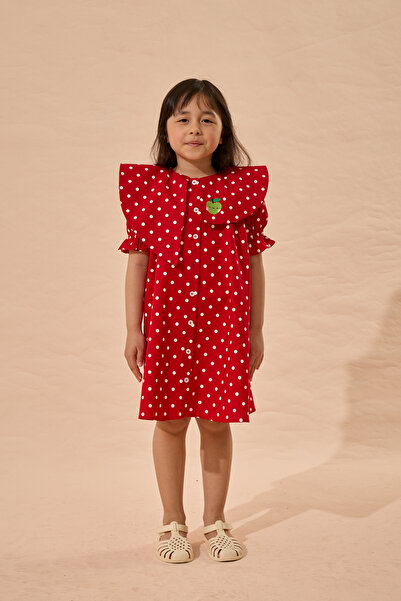 Fahhar Kids Polka Dot Asymmetrical Apple Embroidered Dress Red