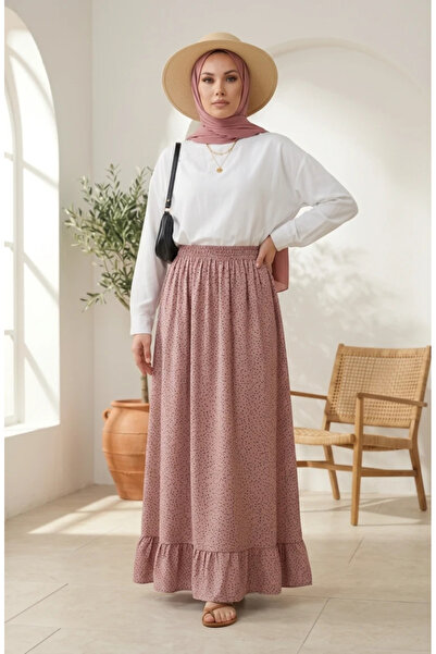 sefamerve Elastic Waist Polka Dot Patterned Skirt 0309-06 Dusty Rose