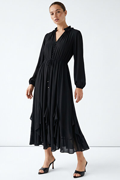 Exquise Long Sleeve Tie-Waist Skirted Regular Midi Dress