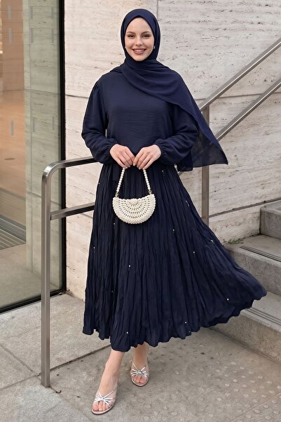 InStyle Lace-Up Navy Blue Suit with Stones on the Skirt