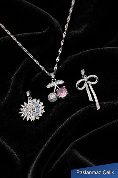THE Steel Silver Color Steel Pendant Set Sun Bow Cherry Figured Stone Women's...