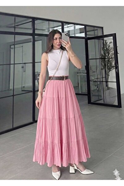 QUAWEAR Layered Tencel Crinkle Skirt with Elastic Waistband
