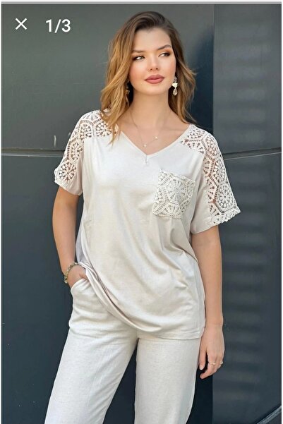 PARKDERİN Women's Plus Size V-Neck Lycra Blouse with Shoulder and Pocket Lacings