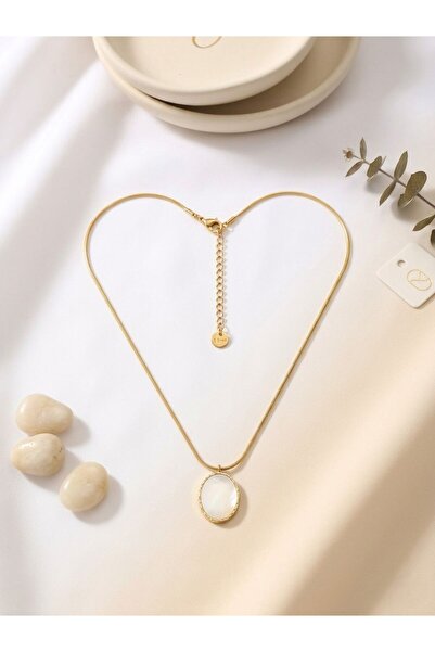 Archhazel Jewelery Oval White Stone Steel Necklace