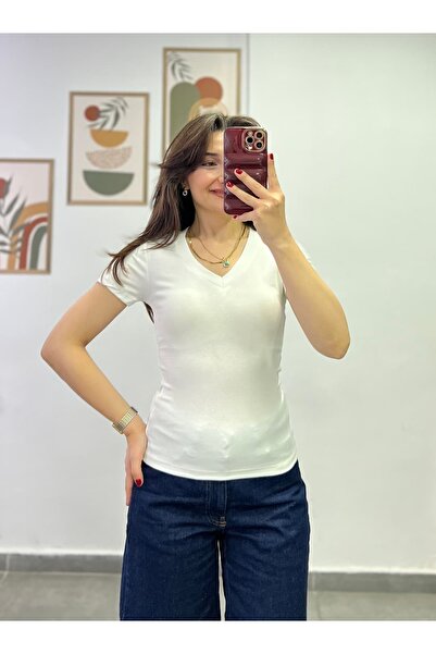 bydenizcollection Short Sleeve V-Neck Cotton Fabric Tshirt