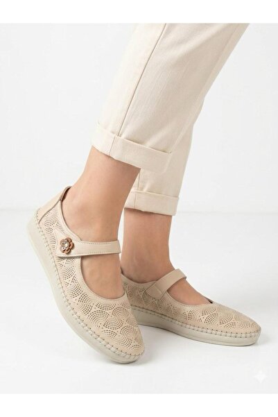 Lütfi Women's Beige Genuine Leather Orthopedic Soft Sole Casual Shoes