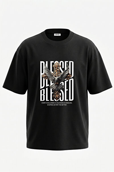 Anetos Tricou oversize negru din bumbac cu imprimeu pe spate, design Dove Cross