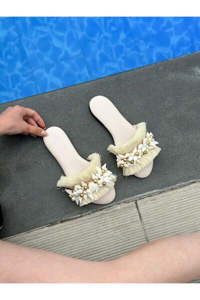 ERVANIN BUTİĞİ Beige Tasseled (Asia) Women's Slippers with Sea Shell Accessories