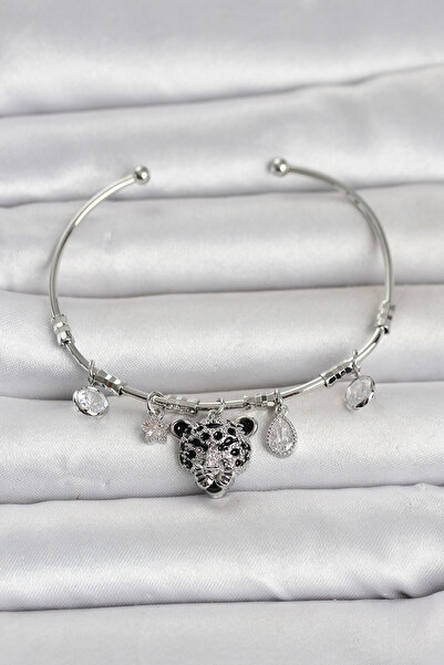 OGHAMAY Brass Silver Color Leopard Detailed Charm Women's Bracelet