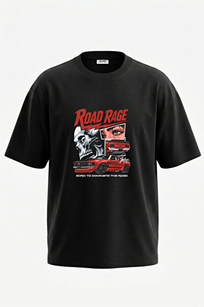 Anetos Tricou oversize negru din bumbac cu imprimeu pe spate Road Rage Design