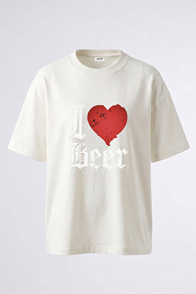 Anetos Tricou oversize alb din bumbac cu imprimeu pe spate I Love Beer Design