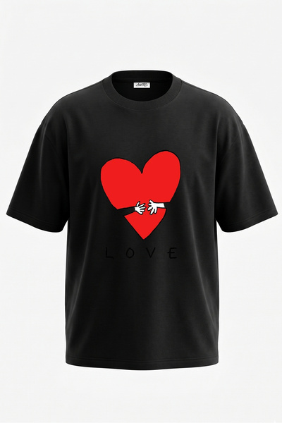 Anetos Tricou oversize negru din bumbac cu imprimeu Love Heart Design pe spate