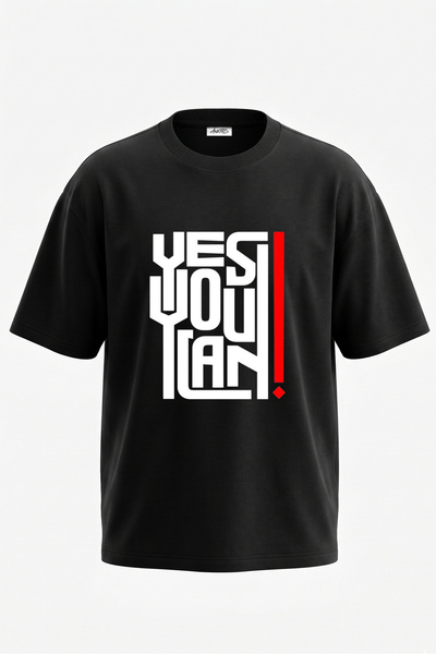 Anetos Tricou oversize negru din bumbac cu imprimeu pe spate Yes You Can Design
