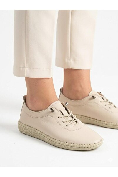 Lütfi Women's Beige Genuine Leather Orthopedic Soft Sole Casual Shoes