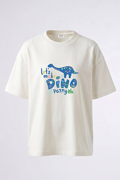 Anetos Tricou oversize alb din bumbac cu imprimeu pe spate Dino Party Design