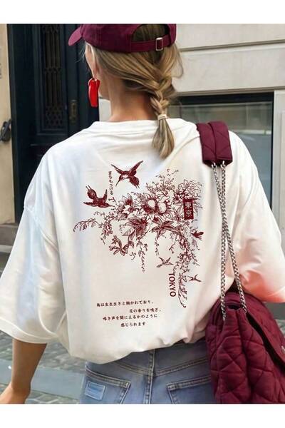 EVIus Tricou supradimensionat cu imprimeu cu flori de copac japonez, 100% bum...