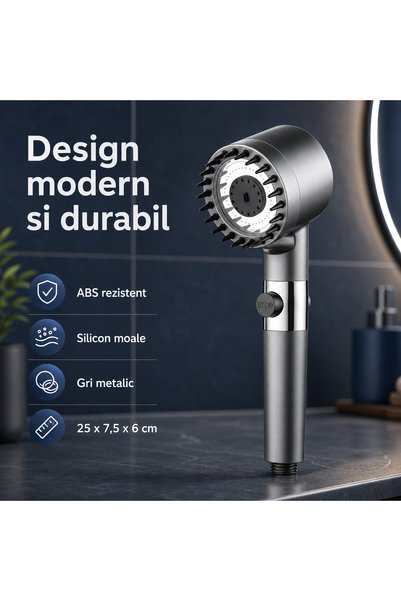 iTin Cap de dus multifunctional 4 in 1, filtru purificare, masaj silicon, buton STOP, 3 moduri presiune, Gri metalic
