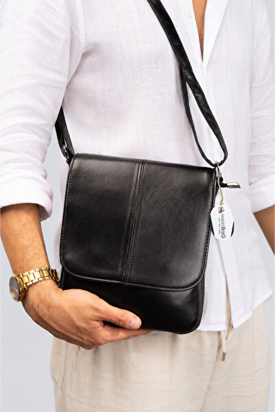 westbag Unisex Μαύρη τσάντα ταχυδρόμου από γνήσιο δέρμα με διπλό φερμουάρ και...