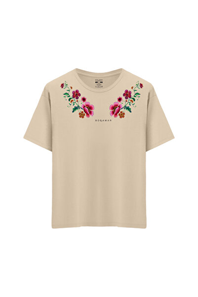 Bocamar Oversize Unisex Bisiklet Yaka T-Shirt Krem M
