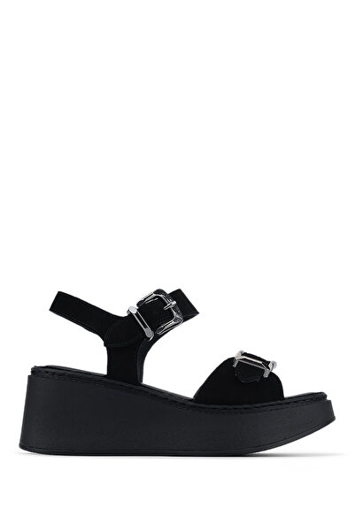 Tamer Tanca Women's Genuine Leather Black Suede Heeled Sandals