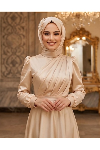 BAHAR DALI BTK Lalin Özel Dikim Drape Detaylı Özel Gün Tesettür Bej Abiye Elbise