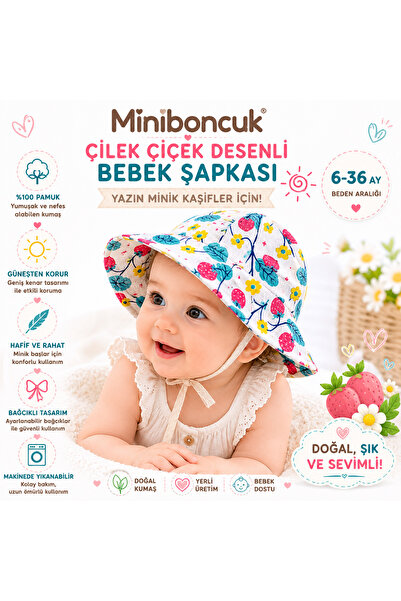 miniboncuk Strawberry Flower Patterned Lace-Up Wide Brim Summer Baby Sun Hat ...