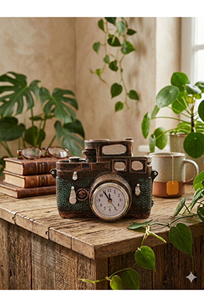 Firuze Hediyelik Fotoğraf Makinesi Temalı Retro Masa Saati
