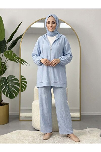 modasindoma Women's Hooded Zipper Detailed Jacquard Pants Hijab Set Blue