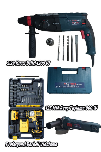 GVN PROTOOLS Profesyonel 3'lü Set - 1200W Kırıcı Delici Hilti, Avuç Taşlama S...
