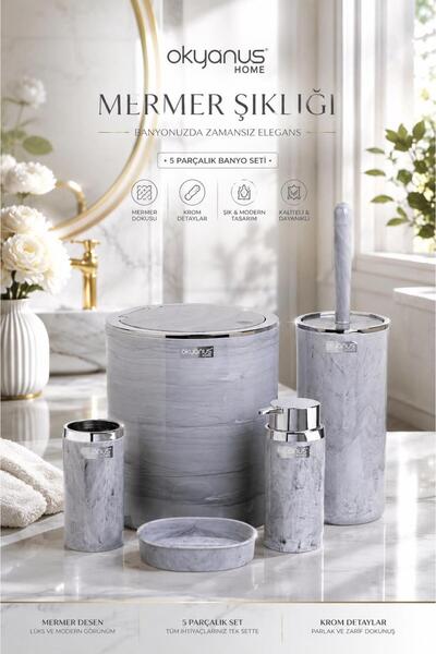 Okyanus Home Mermer Desenli \ Krom Detaylı 5'li Banyo Seti